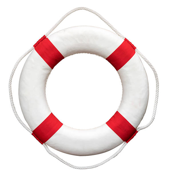 istock White and red lifebuoy with rope on white background 2236684811