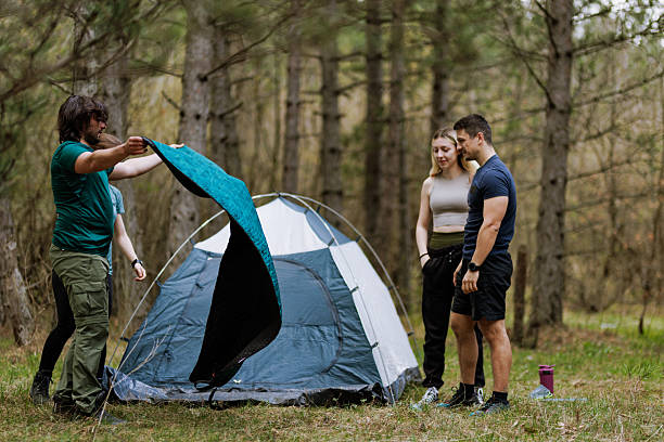 istock Friends setting up a tent in a serene forest setting during a camping trip on a sunny day in early spring 2236693059