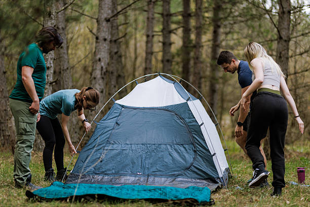 istock Friends setting up a camping tent in a lush forest during the autumn afternoon while enjoying the great outdoors together 2236693061