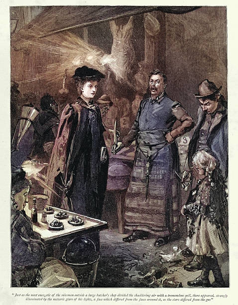 Victorian, Butcher standing outside his shop calling for business, Scene from That Wild Wheel by Frances Eleanor Trollope , Vintage illustration, 19th Century, 1880s