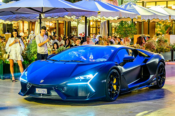 Lamborghini Revuelto high-performance supercar on the Casino square in Monaco. The Revuelto is Lamborghini's first plug-in hybrid HPEV (High Performance Electrified Vehicle), is fitted with a 6.5-liter V12 engine and three electric motors producing a combined output of 1,015bhp.