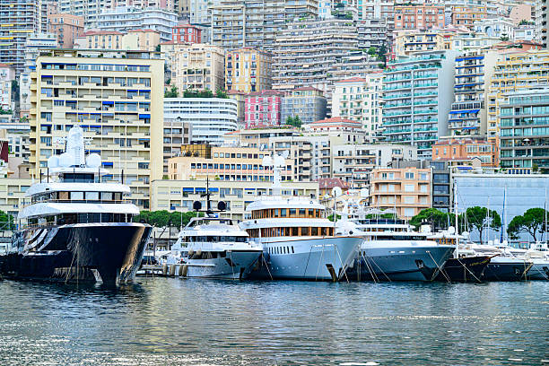 Monaco - January 29, 2018: Moored Yachts and Sailboats at Port Hercule Sunny Winter Day Travel.