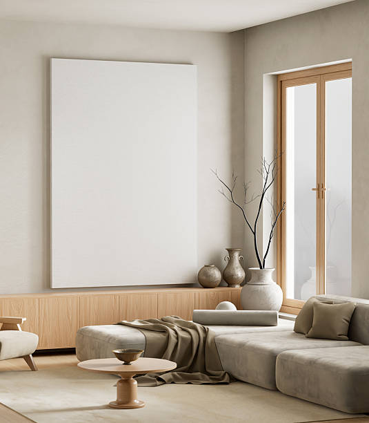 istock Modern interior with mock up poster frame and neutral sofa. 3D illustration 2236701126
