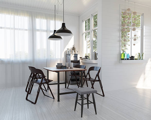 istock Modern Scandinavian dining room interior with a wooden table. Bright white kitchen with contemporary furniture and decor. 3D rendering. 2236714340
