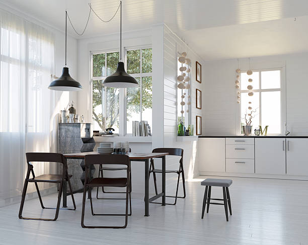 istock Modern Scandinavian kitchen and dining room interior. Bright home with white walls and minimalist furniture. 3D rendering of a contemporary apartment. 2236714361