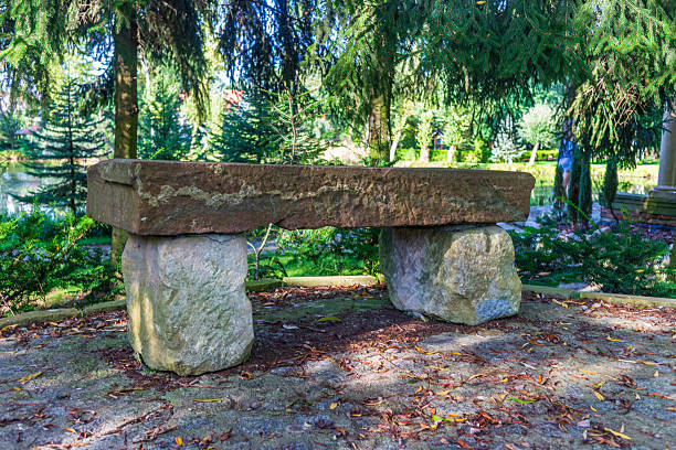 A primitive stone bench stands quietly among trees, like a forgotten altar. Time, moss and silence have made it a natural sanctuary.