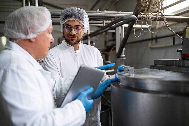 istock Technicians working together in a dairy processing plant conducting machinery inspection 2236724048