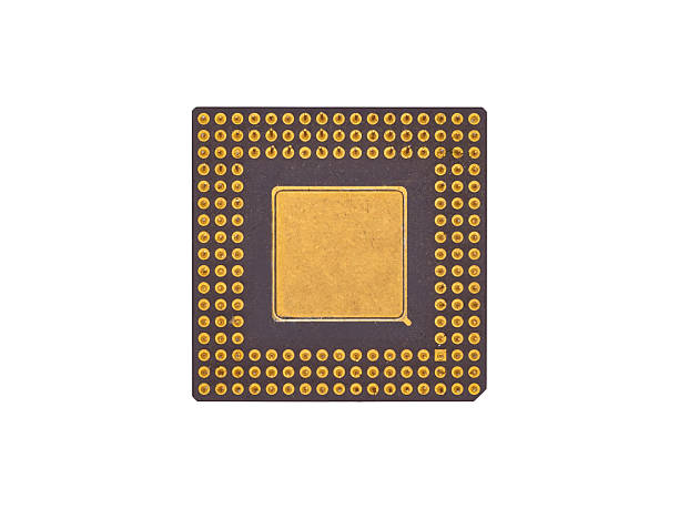 istock Large square CPU microchip with golden contact points on a gray background is isolated. 2236725849