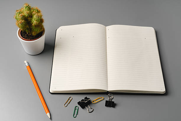 Blank notebook with pen are on top of office desk table, close up