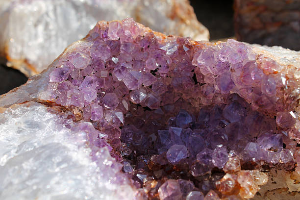 Bi-racial bride and groom holding hands with amethyst wedding ring