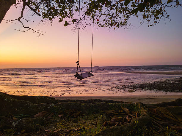 istock Empty Swing Overlooking a Tranquil River Beach at Sunset, Mosqueiro Island, Brazil. 2236732005