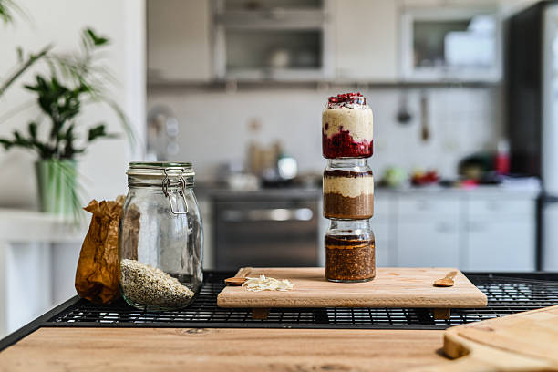 Healthy Breakfast Jars With Layered Overnight Oats Placed Vertically For Aesthetic Presentation