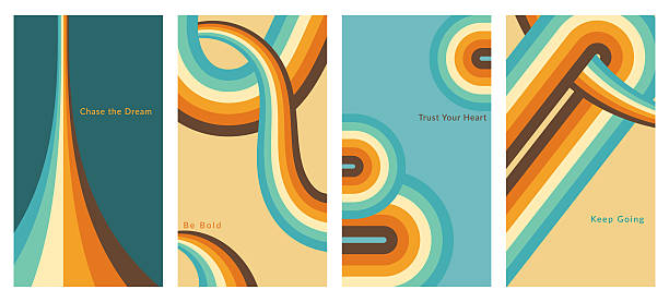 Trendy 60s–70s cartoon illustration set with pastel rainbow lines and inspirational quotes. Groovy retro vector backgrounds in vintage hippie art style for posters and textile design.