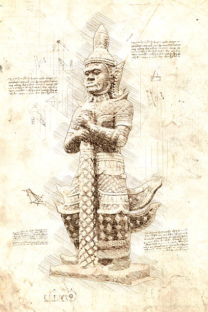thai guardian a Yaksha  in da Vinci style sketch - guardians are  representing good and evil in a pair.  based on photo and created with photoshop. design elements are photoshop brushes. Common statue at thai temples