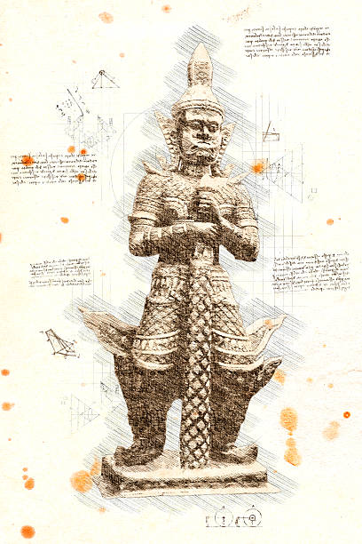 Standing thai guardian a Yaksha  in da Vinci style sketch - guardians are  representing good and evil in a pair.  based on photo and created with photoshop. design elements are photoshop brushes. Common statue at thai temples