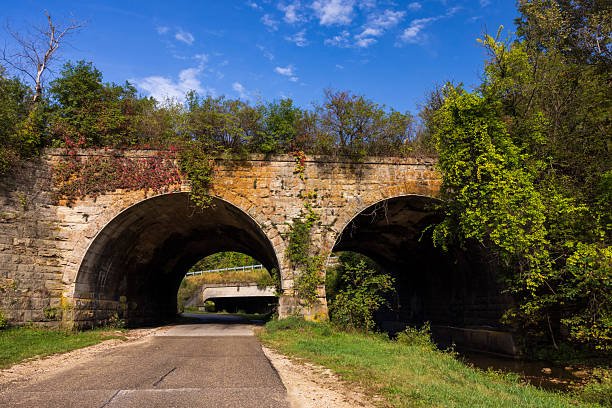An old stone double arch bridge with a road passing through on one side and a creek on the other side.