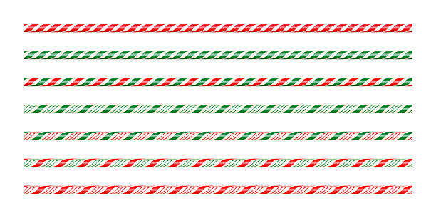 Christmas candy cane brushes in red, green and white with spiral striped pattern. Holiday sweet border decorations for festive design, wrapping paper, or banners. Realistic vector illustration.