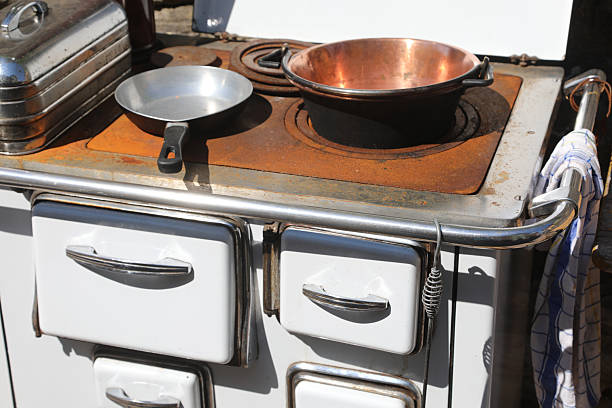 1940s era pressure cooker and whistling kettle seen on a hotplate within a kitchen of the 1940s era in the UK. Seen within a museum setting.