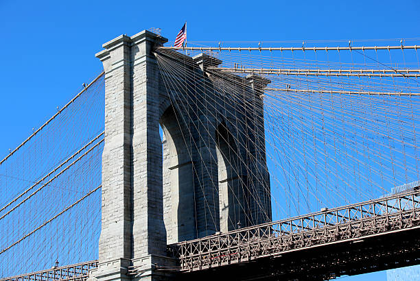 istock view from below of the Brooklyn Bridge with a waving American fl 2236749242