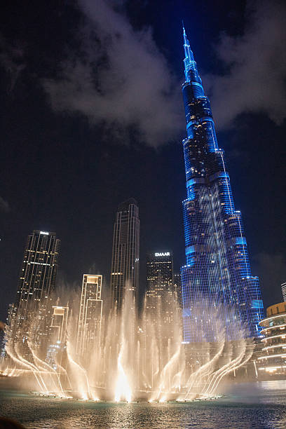 Dubai fountain performing water and light show with burj khalifa illuminated in background