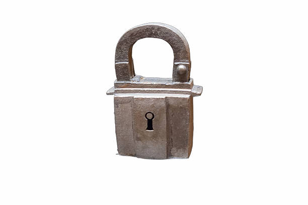 A rustic metal padlock is displayed, featuring a vintage design with a round shackle and keyhole. The padlock is set against a plain background, emphasizing its aged texture and charm.