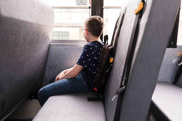 istock Boy on School Bus Looking Out Window, Back to School 2236755923