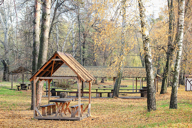 Picnic houses in the forest in autumn
