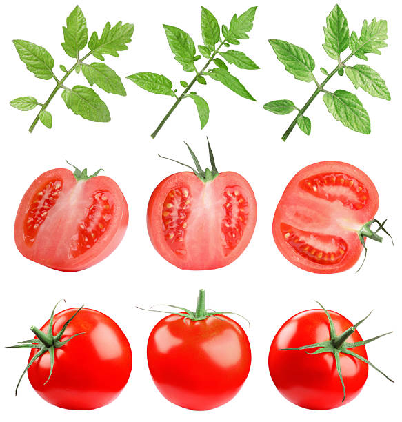 istock Fresh ripe tomatoes and green leaves isolated on white, set 2236760980