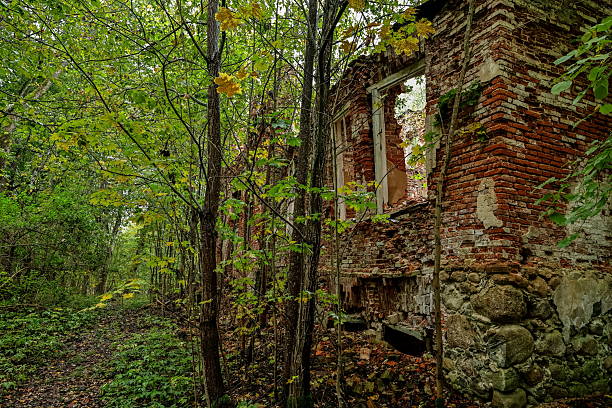 Small stone passage with dirt footpath in the gardens of Ambronay Abbey. This photo was taken at the Notre Dame d'Ambronay Abbey famous local monument in the French village of Ambronay, in the Ain department in the Auvergne-Rhone-Alpes region.