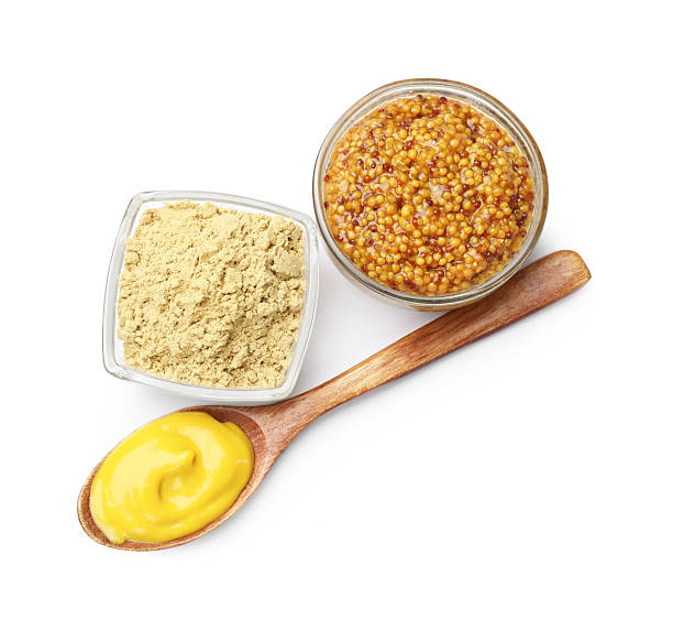 istock Different types of mustard isolated on white, top view 2236761858