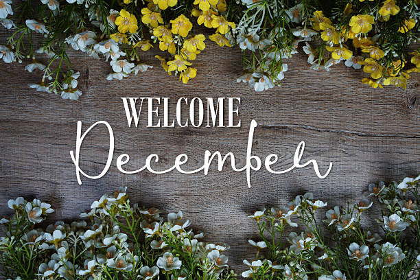 istock Welcome December text with flowers frame on wooden background 2236762758