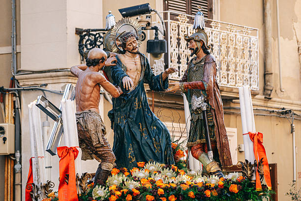Mexico City, Mexico, Apr 06 - Public reenactment and representation with extras of the Catholic Via Crucis, with Passion and Death of Jesus Christ, in front of the Metropolitan Cathedral in the Zocalo of Mexico City, during the celebrations of Holy Week and Easter of Resurrection.