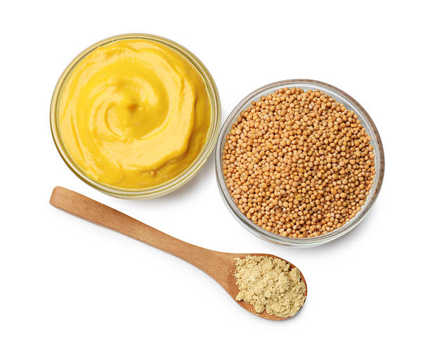 istock Different types of mustard isolated on white, top view 2236764354