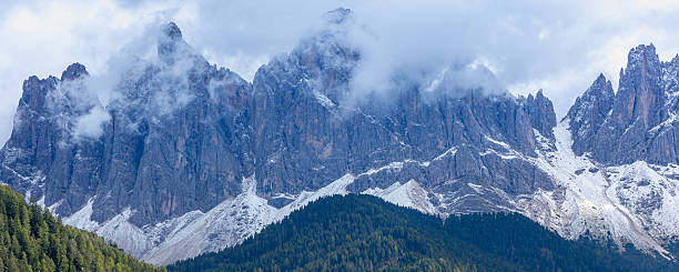 Italian Dolomites Alps, Geisler or Odle mountain peaks banner in Santa Maddalena, Val di Funes valley, Italy