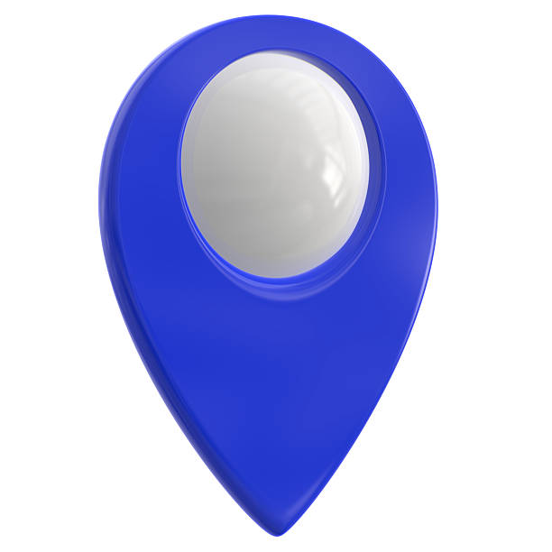 3D Shiny blue Pointer Icon, with a sphere in the middle Location symbol isolated on white background, Gps, travel, navigation, place position concept, 3d illustration