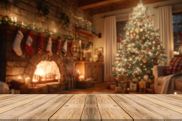 istock Empty table in front of christmas tree with decorations background. For product display montage 2236767794