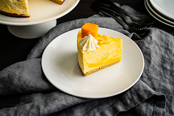 istock Slice of Mango Mousse Cake on a Plate Angled View 2236771029
