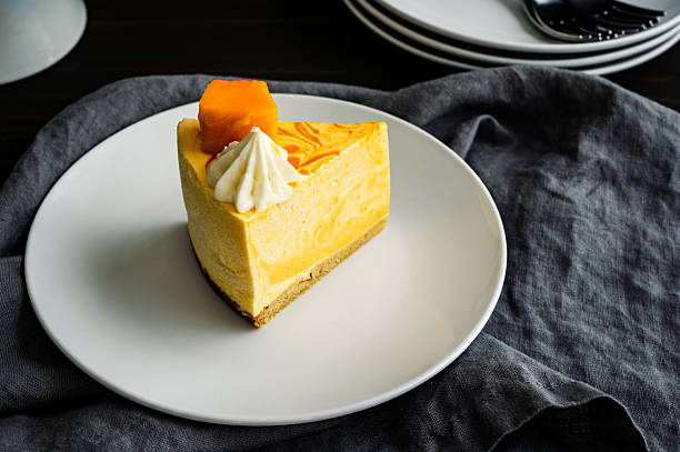 istock Slice of Mango Mousse Cake on a Plate Close-up 2236771119
