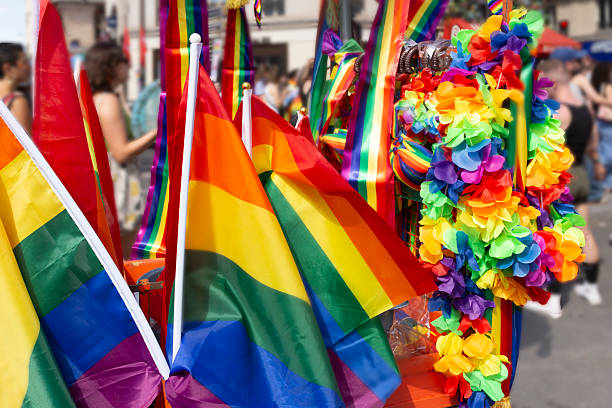 istock LGBTQIA Rainbow Pride Flag in merchandise stands 2236784836