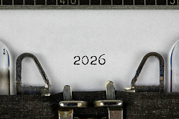 istock Text 2026 written with an old vintage typewriter on white paper 2236785615
