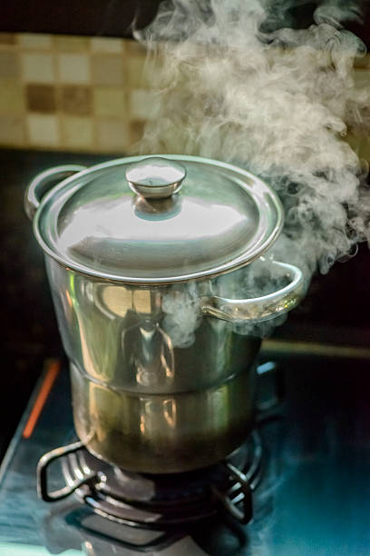 The wok in fire during frying green vegetable at home kitchen.