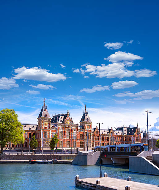 Crowd in front of Amsterdam Central Station historic facade under sunny blue sky
