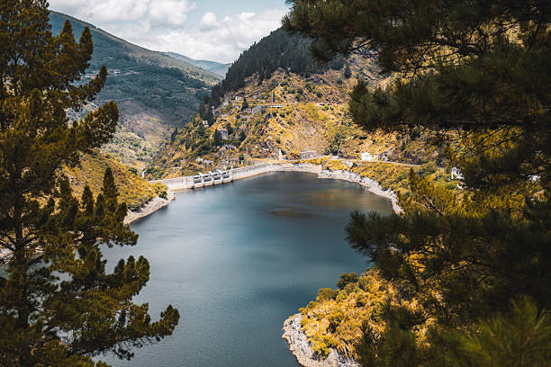 Scenic view of mountain dam and reservoir in Asturias during autumn, surrounded by forested hills and rocky landscape under a partly cloudy sky, framed by evergreen pine branches