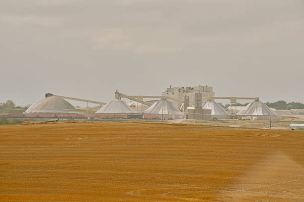 A potash plant with multiple dome-shaped storage buildings and conveyors viewed across farmland under cloudy skies in Saskatchewan, Canada.