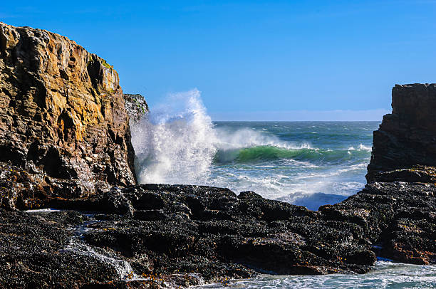 Waves crashing onto rocky cliff of Whale Cove on the Oregon Coast.