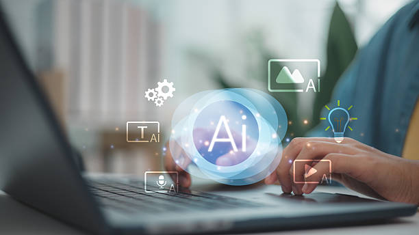 istock Hands typing on laptop with AI interface icons for text, image, video, voice and idea generation, representing artificial intelligence tools for digital content creation. 2236812112