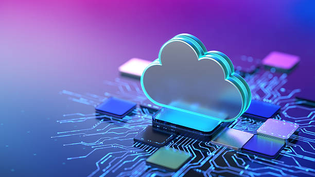cloud computing concept with circuit board background representing digital data and modern technology - cloud computing stockfoto's en -beelden