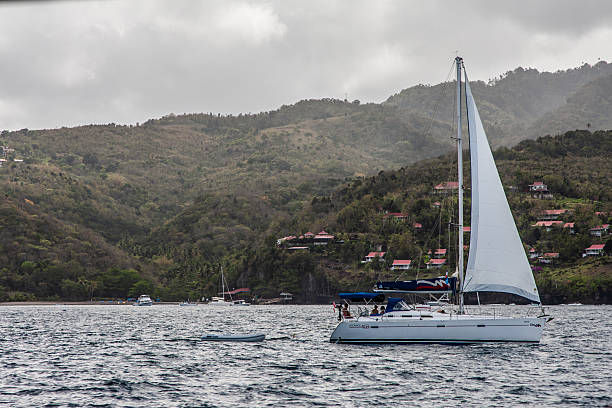 Castries, St Lucia Caribbean, April 14, 2028, sail boat in bay of Castries, St Lucia Harbor for the pleasure sailing of tourists