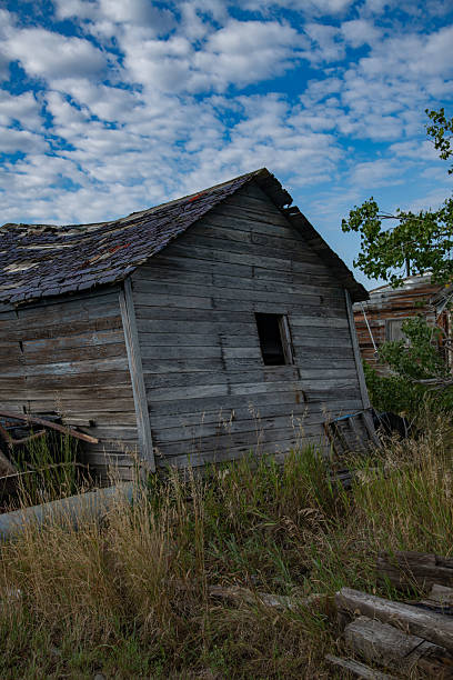 A broken down wooden cabin in Montana prairie, in northwest USA.