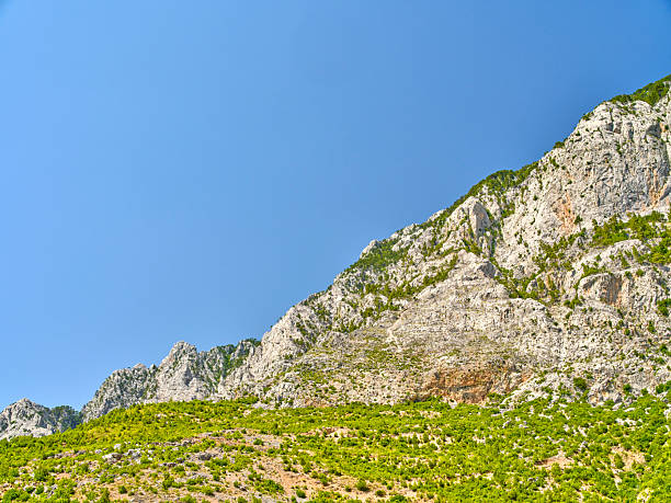 A stunning view of a rocky mountain range against the backdrop of a clear blue sky. The rugged terrain emphasizes natural beauty and inspires a sense of adventure and exploration.